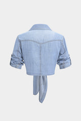 Denim Lapel Knotted Short Sleeve Shirt