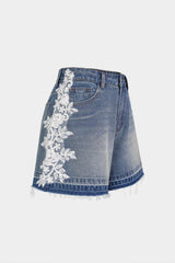 Denim Lace Trim Embroidery Shorts