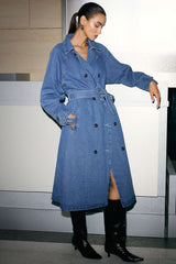 Denim Double-Breasted Belted Mid-Long Outerwear