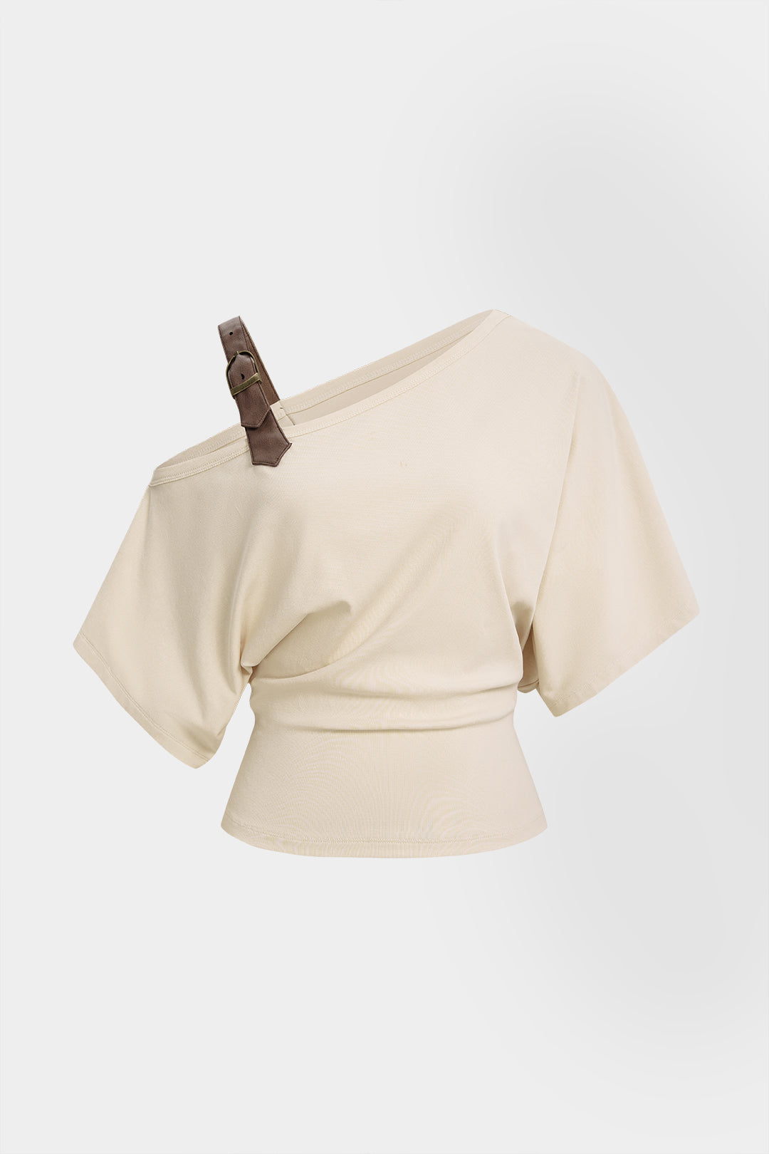 Asymmetrical Faux Leather Buckle One Shoulder Short Sleeve Top