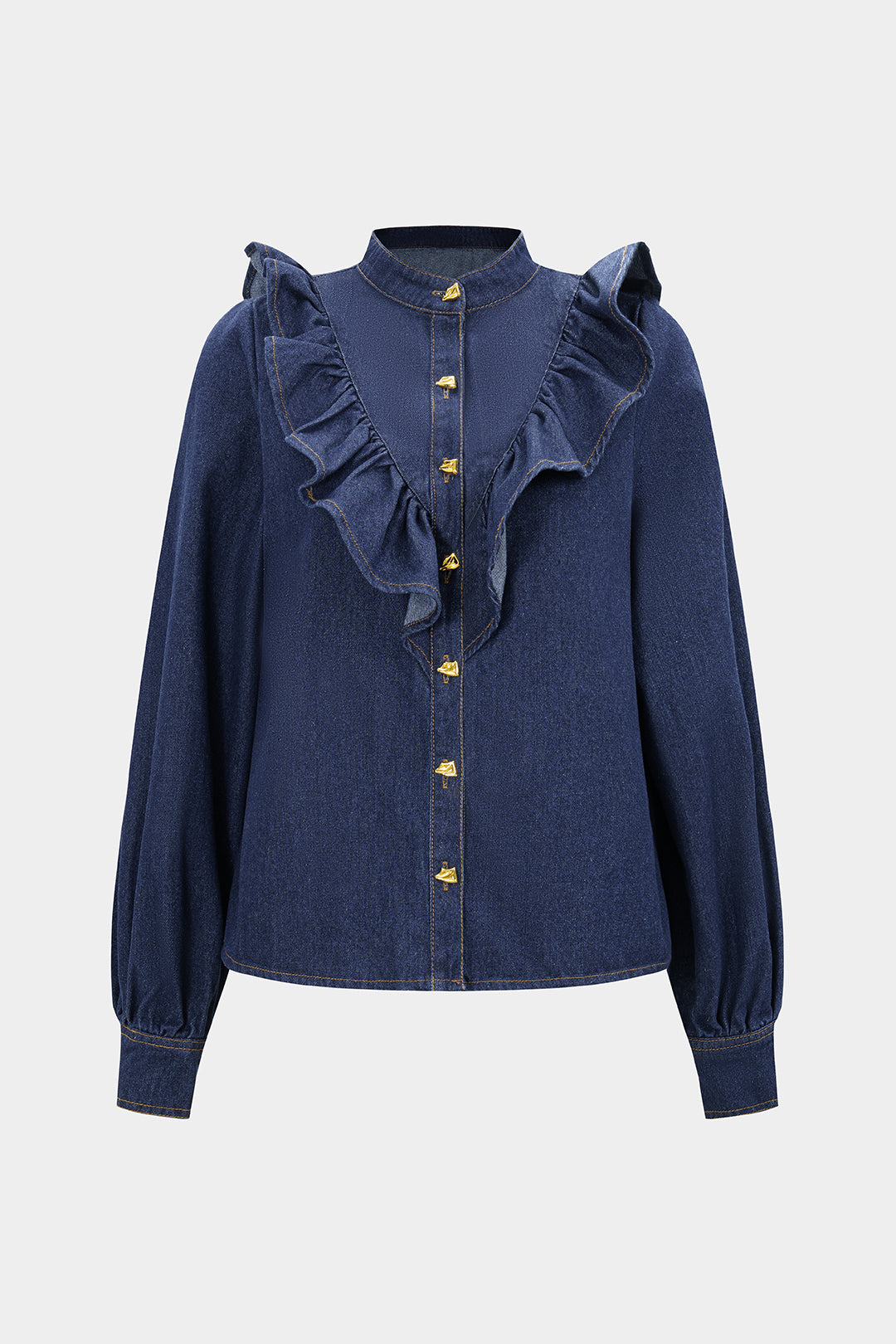 Denim Ruffle Button Long Sleeve Shirt