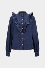 Denim Ruffle Button Long Sleeve Shirt