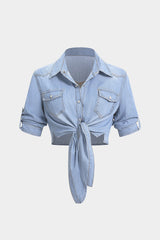 Denim Lapel Knotted Short Sleeve Shirt