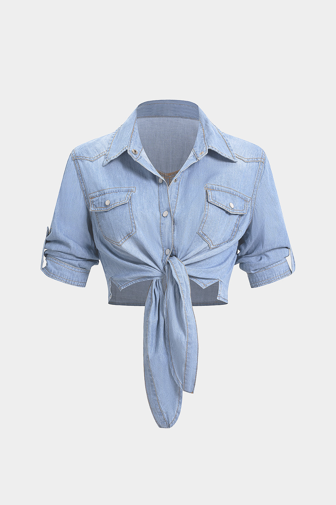 Denim Lapel Knotted Short Sleeve Shirt