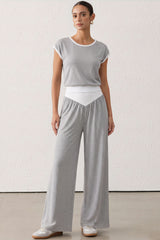 Contrast Round Neck Short Sleeve T-Shirt And Ruched Wide Leg Pants