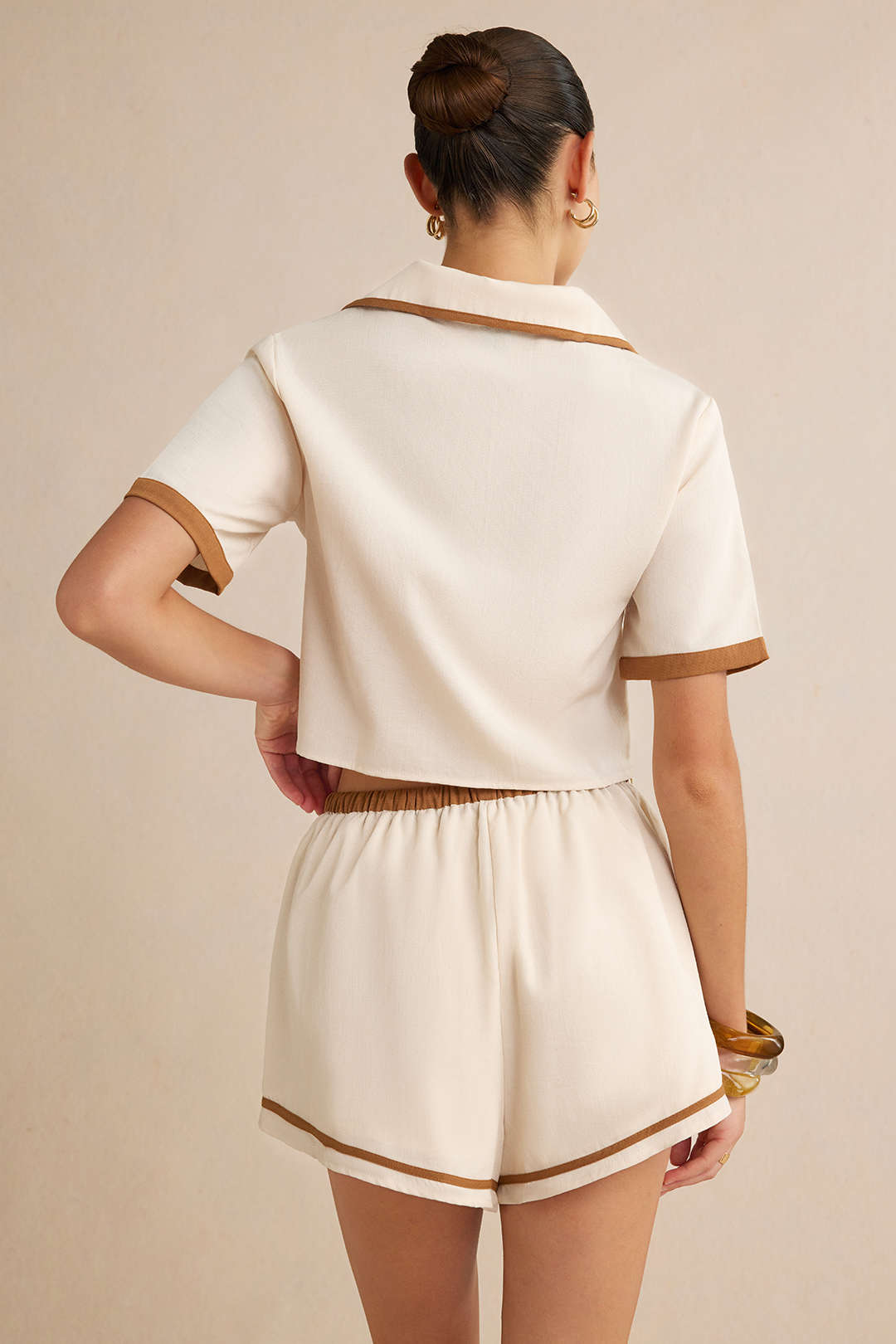 Contrast Binding Lapel V-Neck Short-Sleeve Shirt