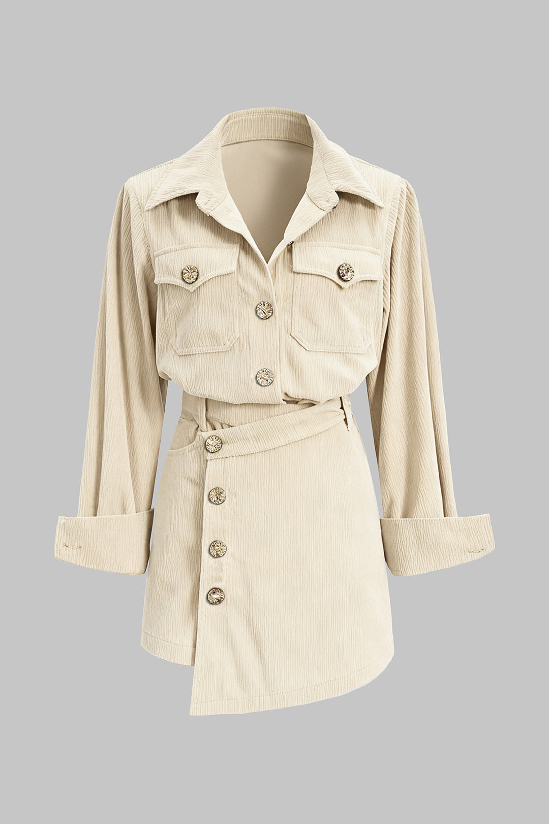Corduroy Button Long-Sleeve Shirt And Button Skirt Set