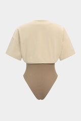 Contrast Round Neck Asymmetrical Short Sleeve Bodysuit