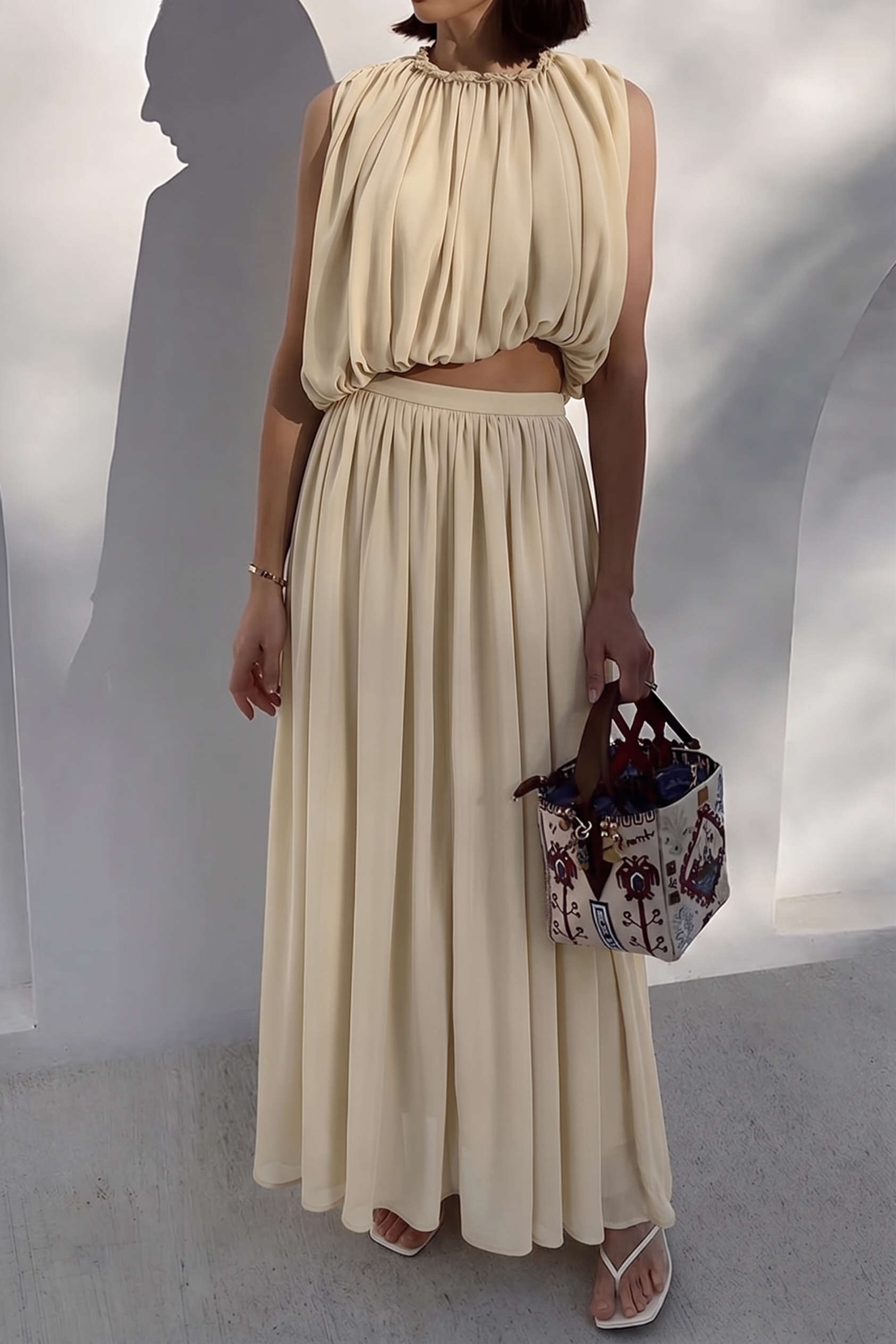 Chiffon Round Neck Ruched Tank Top And Maxi Skirt Set