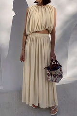 Chiffon Round Neck Ruched Tank Top And Maxi Skirt Set