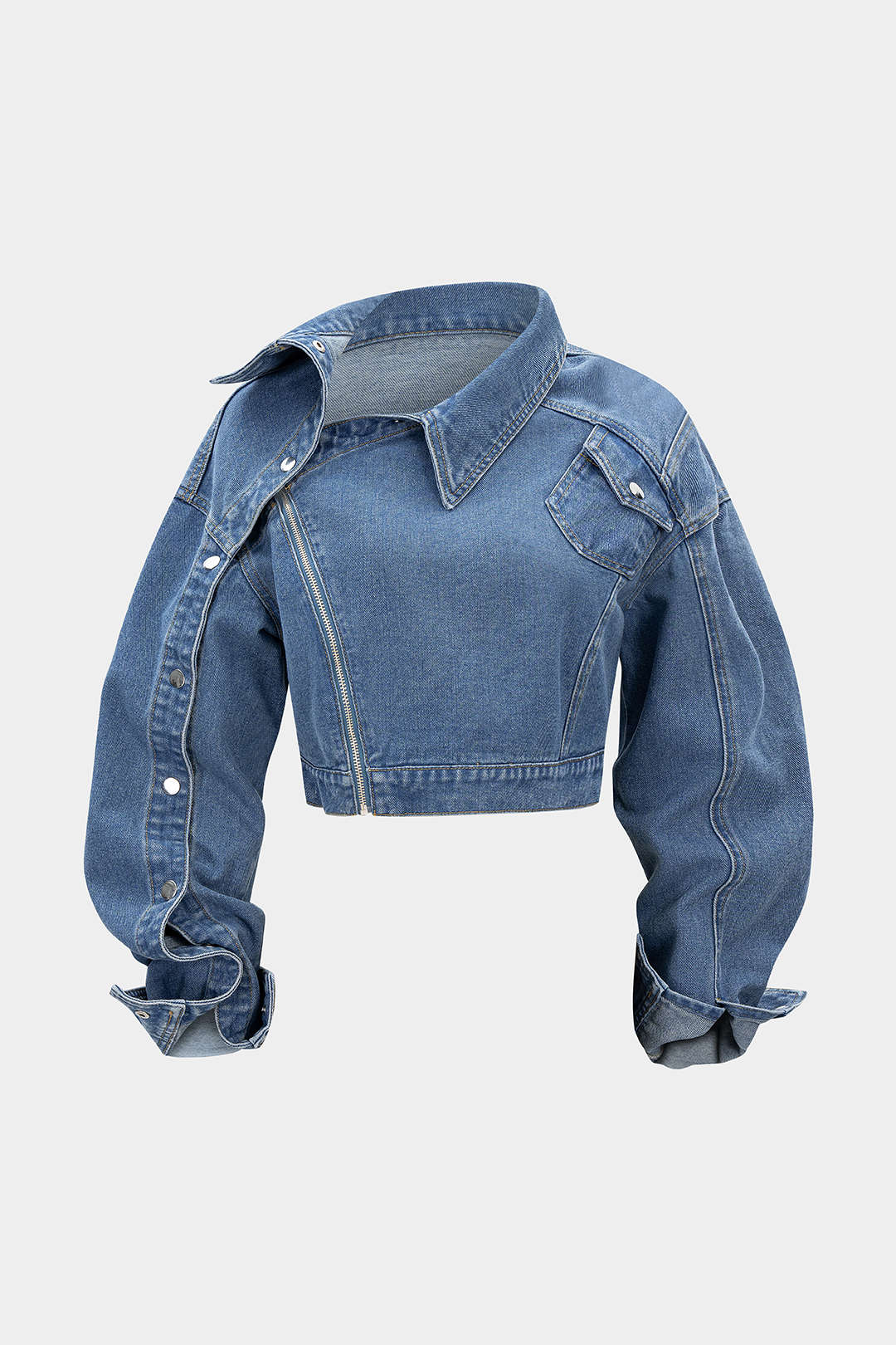 Denim  Asymmetrical Zipper Long-Sleeve Jacket