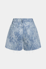 Denim Patchwork Lace Metallic Button Pocket Shorts