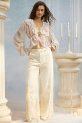 Chiffon Patchwork Lace Trim Drawstring Long Sleeve Shirt