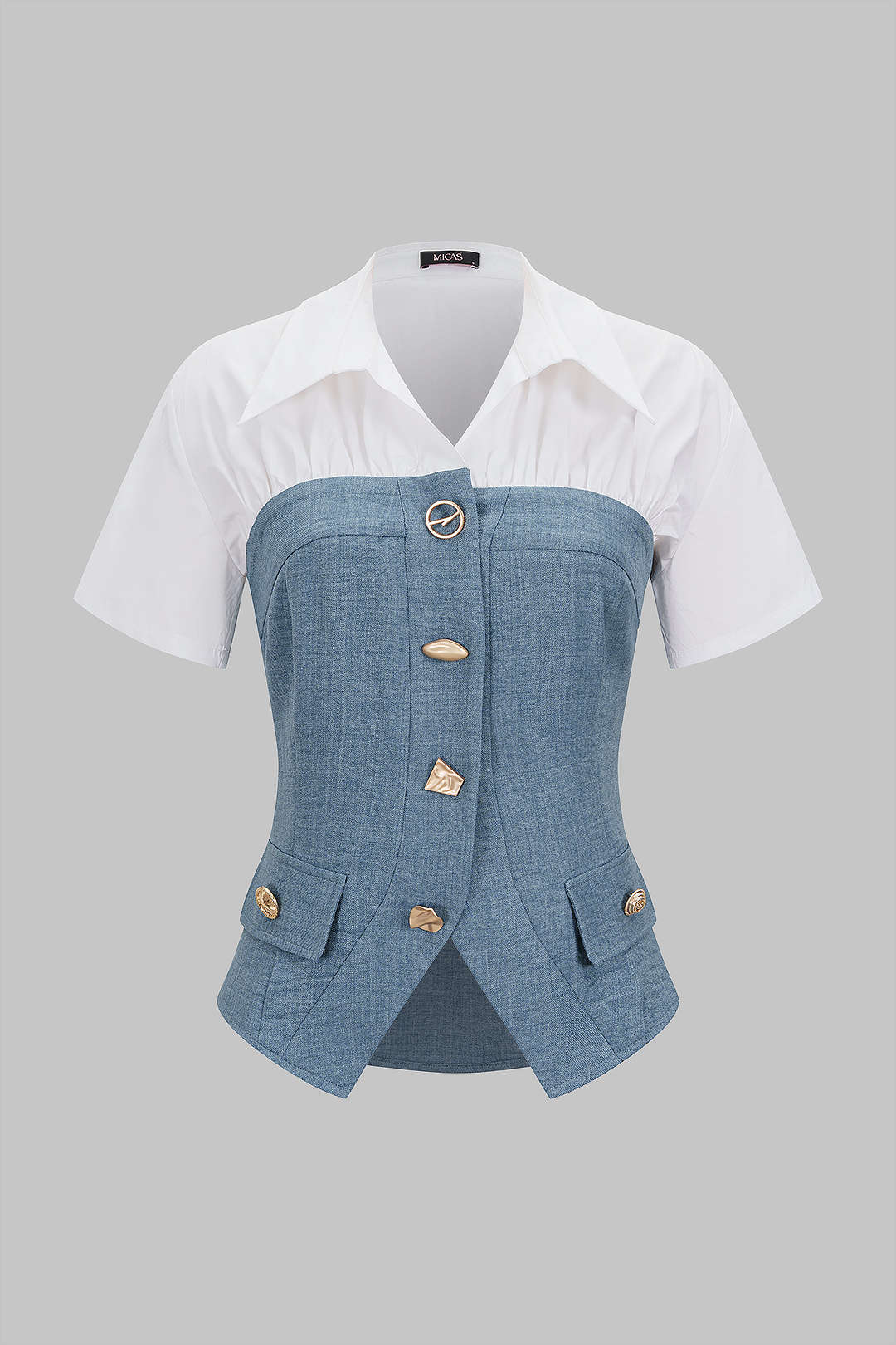 Contrast Irregular Button Lapel Short Sleeve Top