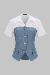 Contrast Irregular Button Lapel Short Sleeve Top