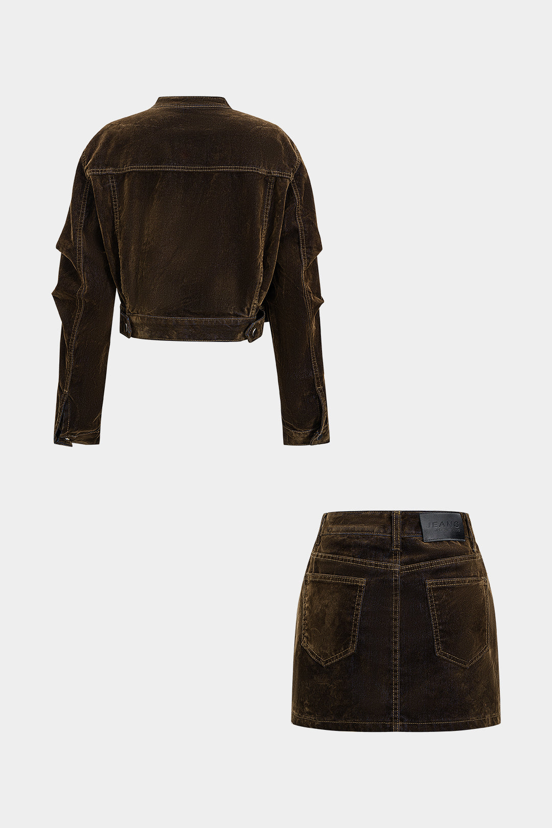 Denim Zipper Long-Sleeve Cropped Jacket And Mini Skirt Suit