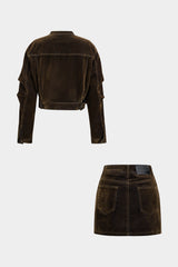 Denim Zipper Long-Sleeve Cropped Jacket And Mini Skirt Suit