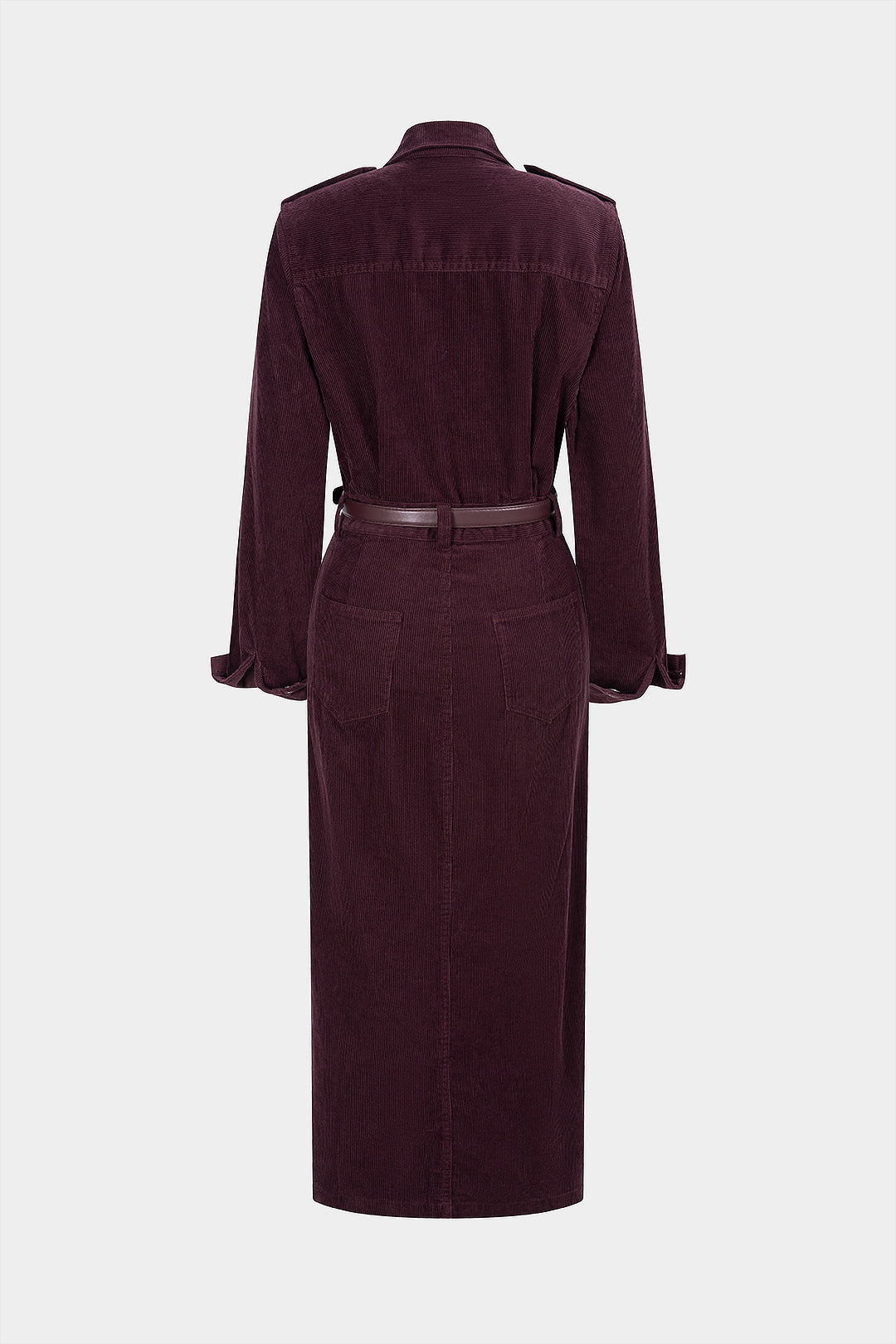 Corduroy Notched Lapel Button Pocket Belted Long Sleeve Midi Dress