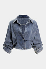 Denim Button Smocked Ruched Outerwear