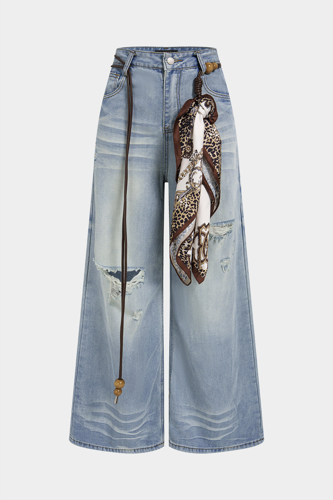Denim High Waist Asymmetrical Belted Wide Leg Jeans