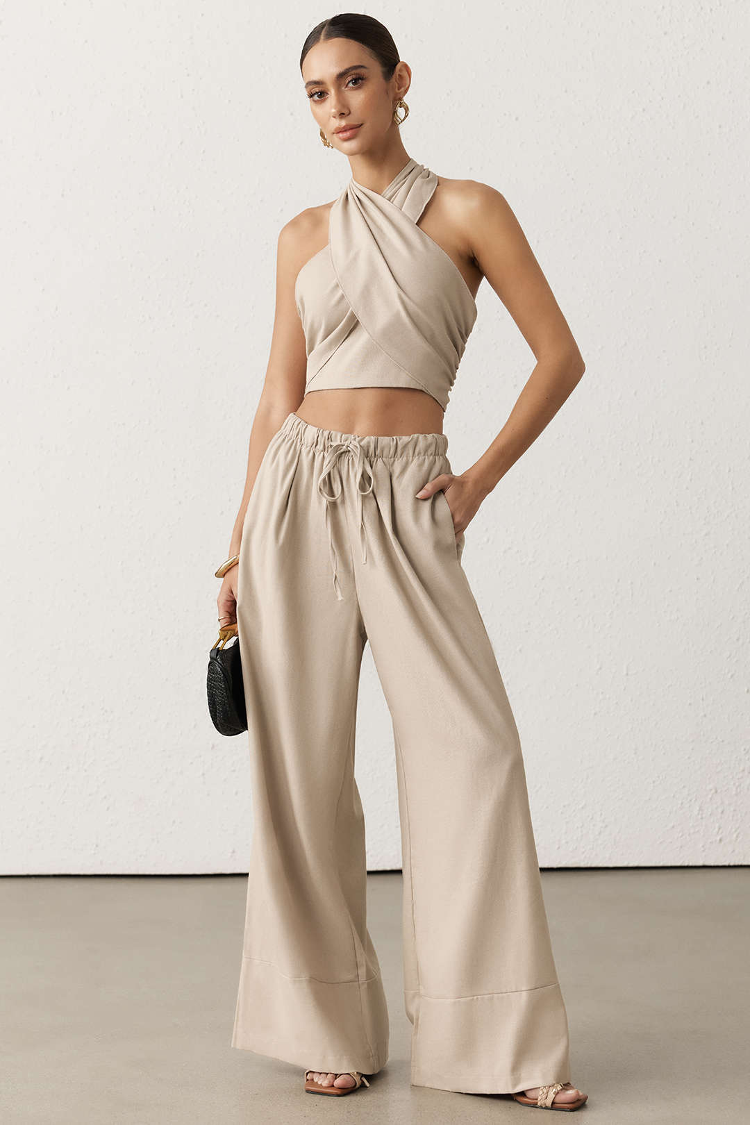 Crossed Halter Neck Ruched Tie-Up Top And Straight Leg Pants Set