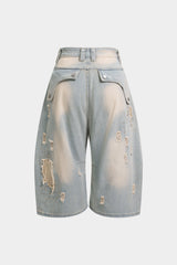 Denim Asymmetrical Frayed Seamdetail High Waist Shorts