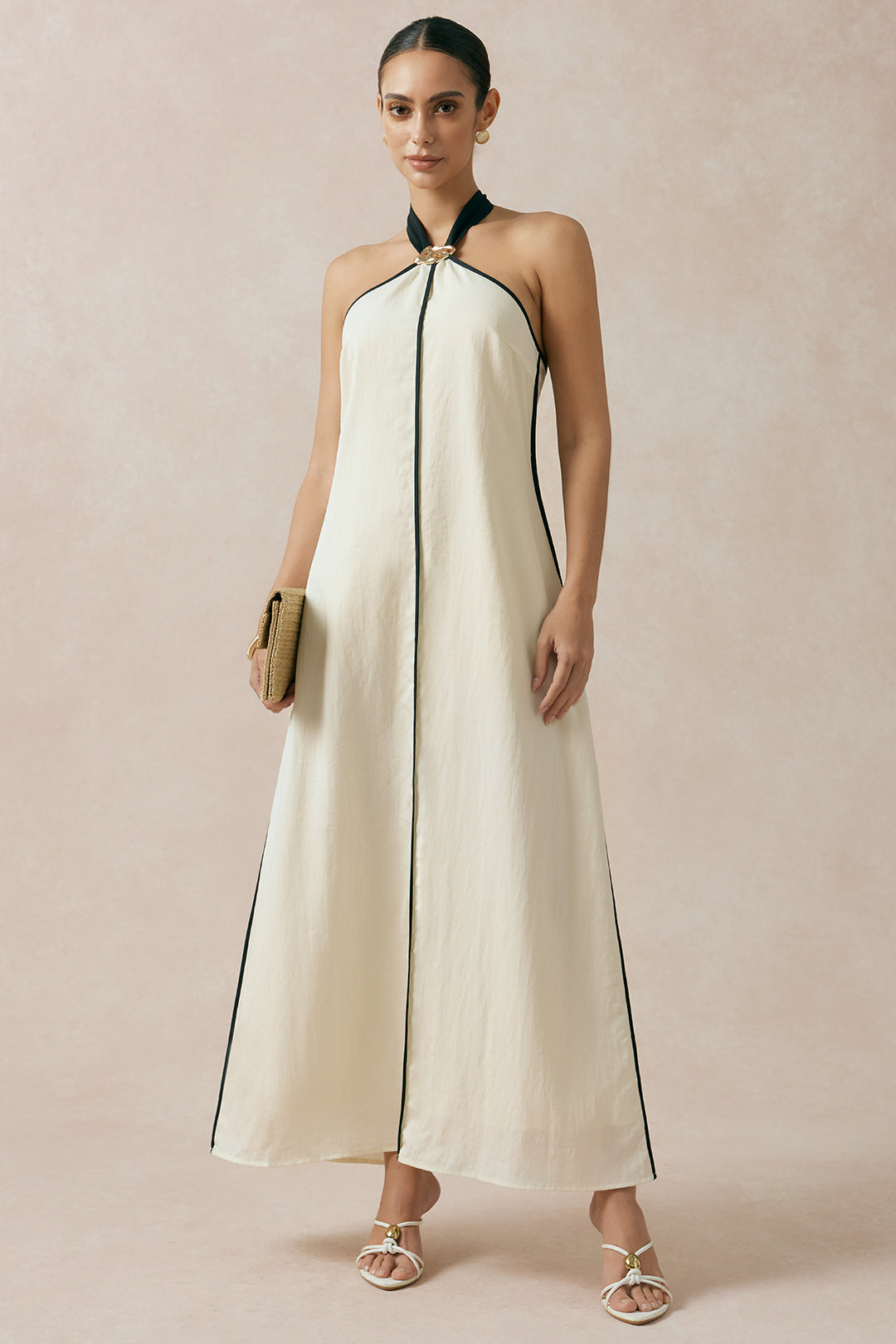 Contrast Trim Linen Halter Neck Tie Back Metallic Sleeveless  Maxi Dress
