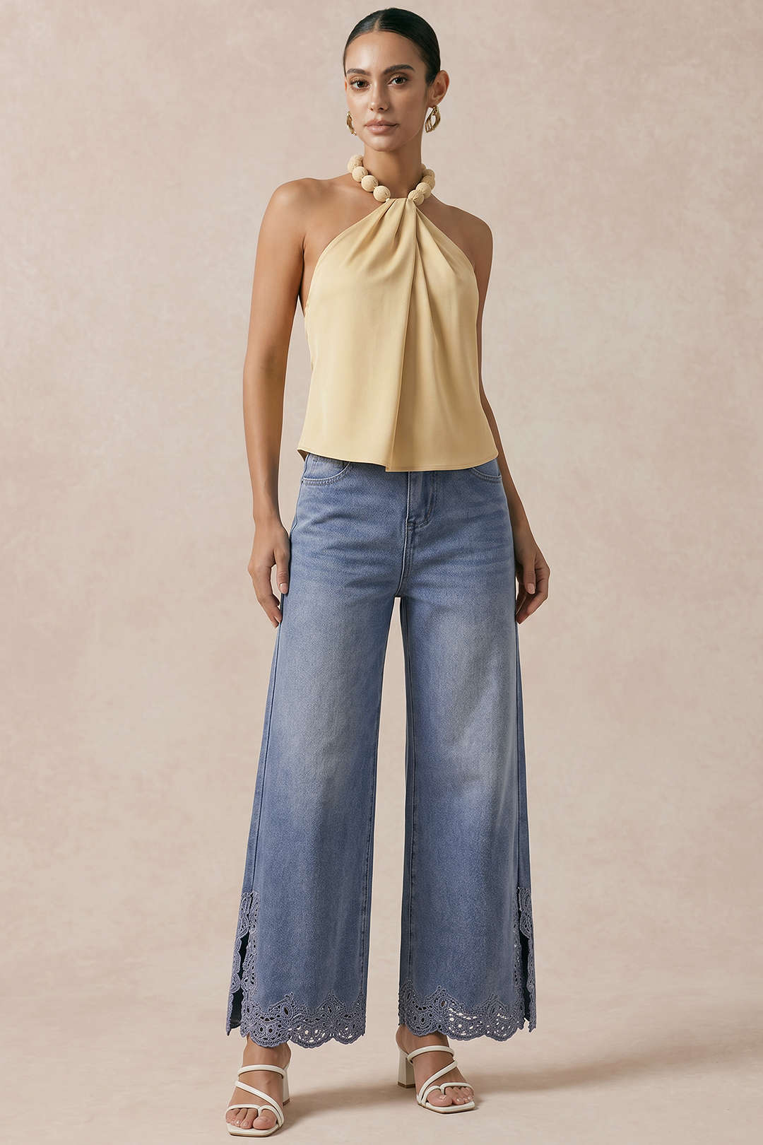 Denim Patchwork Cut Out Slit Straight Leg Jeans