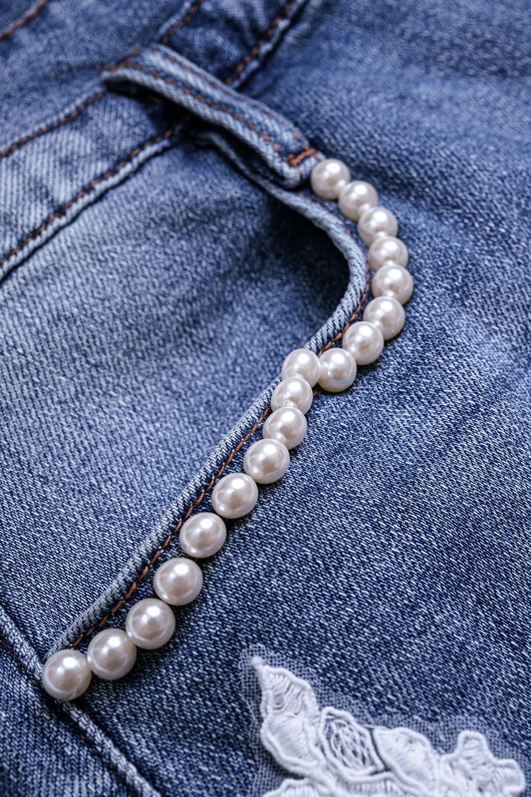 Denim Patchwork Lace Rhinestone Pearls Wide Leg Shorts