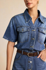 Denim Button Pocket Belted Short Sleeve Mini Dress