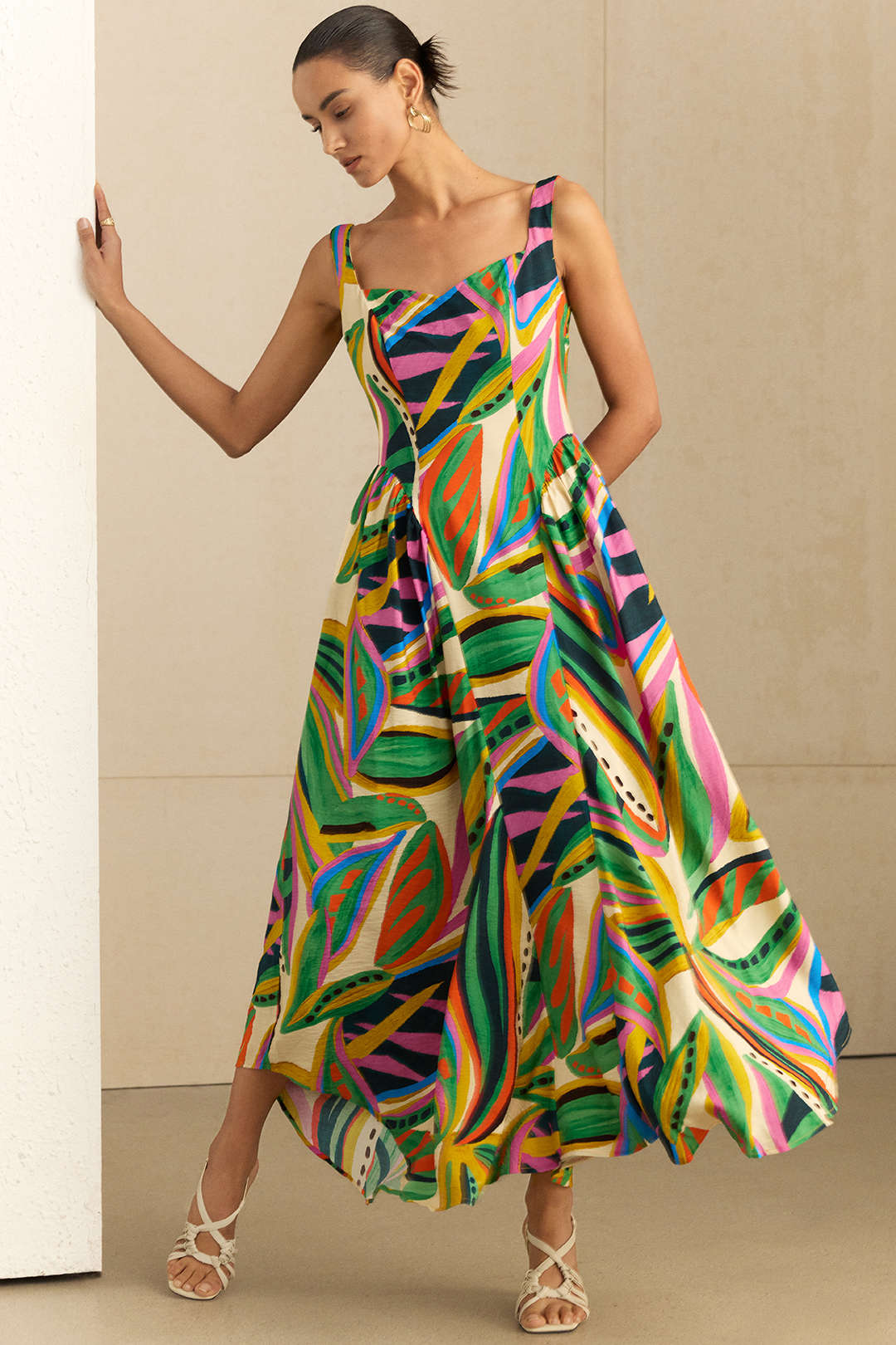 Abstract Print Ruched Sleeveless Maxi Dress