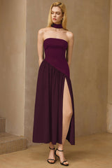 Contrast Satin Ruched Slit Strapless Maxi Dress
