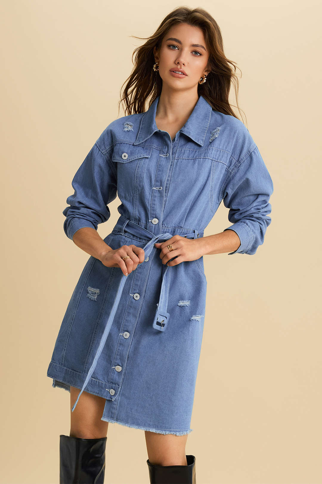 Denim Tie Front Long Sleeve Mini Dress