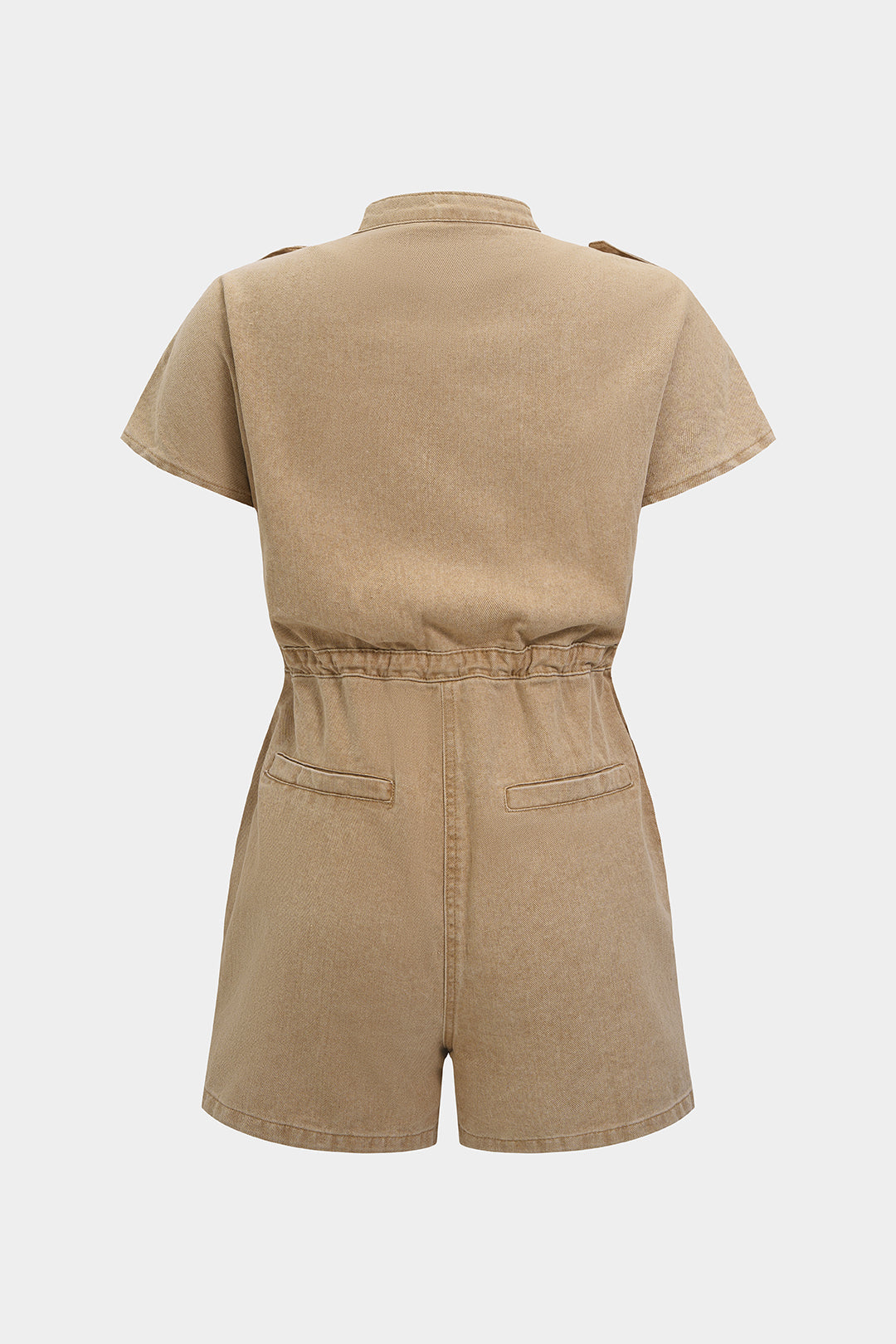 Denim Lapel Button Pocket Drawstring Short Sleeve Romper