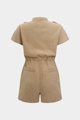 Denim Lapel Button Pocket Drawstring Short Sleeve Romper