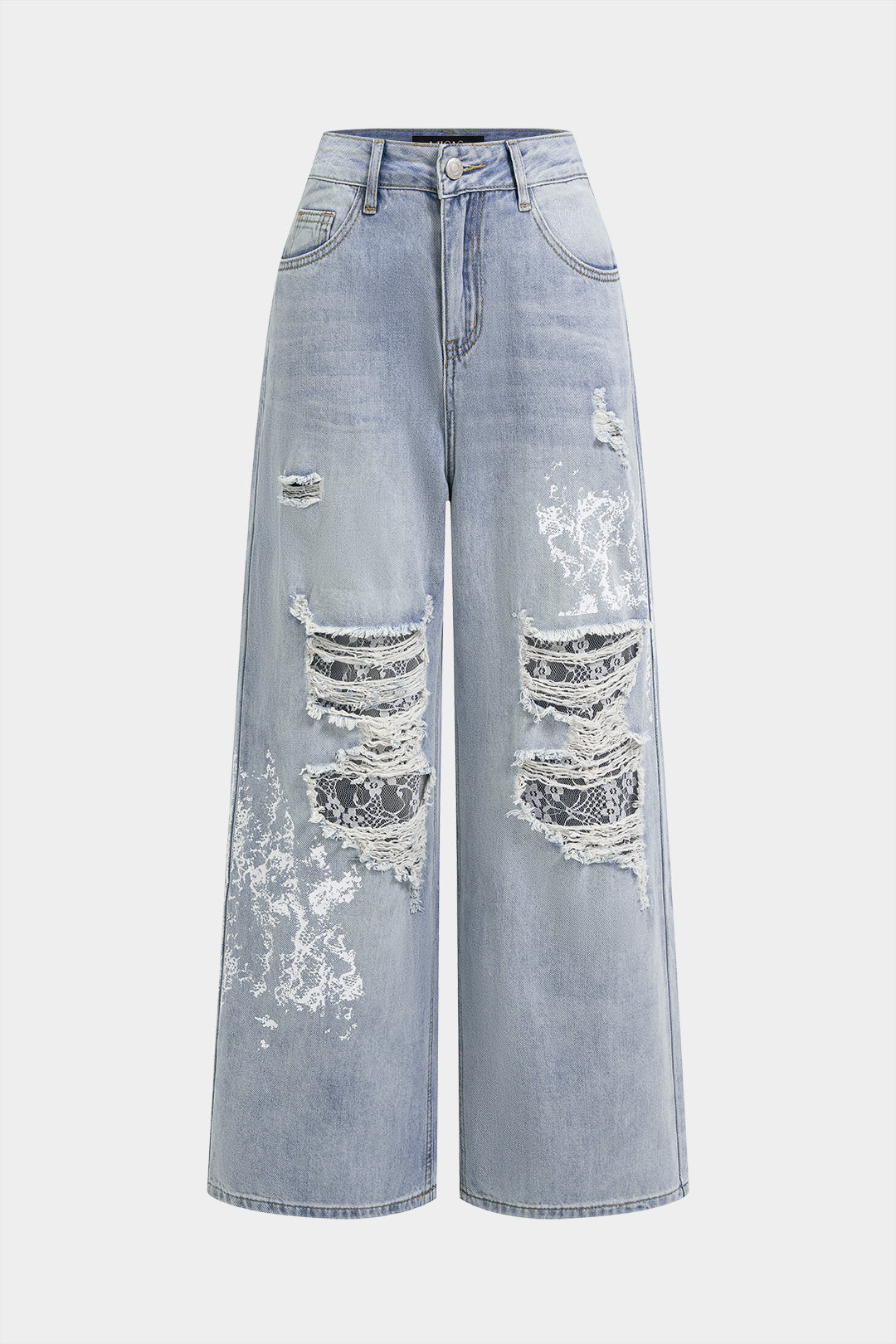 Denim Patchwork Lace Asymmetrical Cut Out Frayed High Waist Jeans