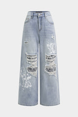 Denim Patchwork Lace Asymmetrical Cut Out Frayed High Waist Jeans