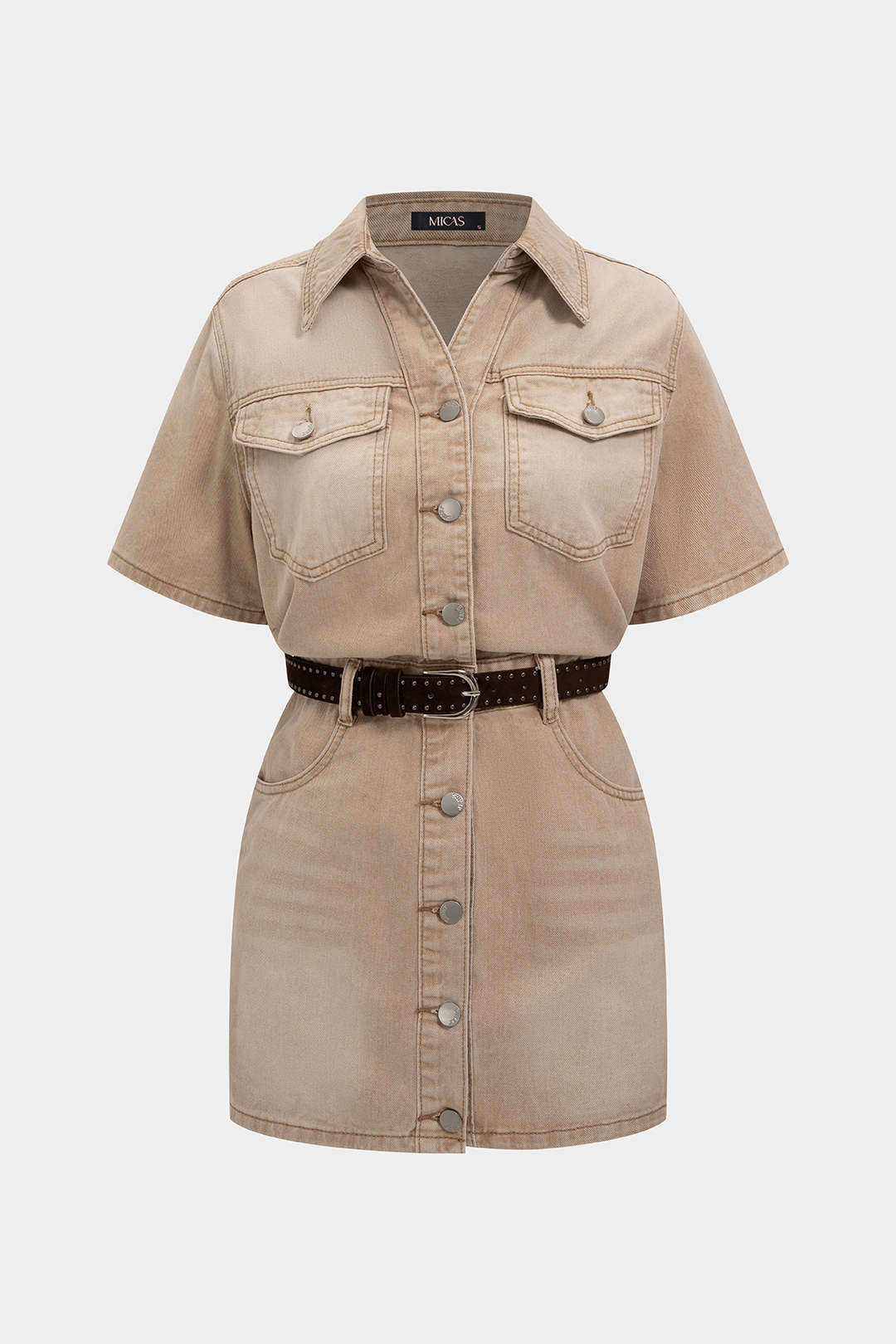 Denim Button Pocket Belted Short Sleeve Mini Dress