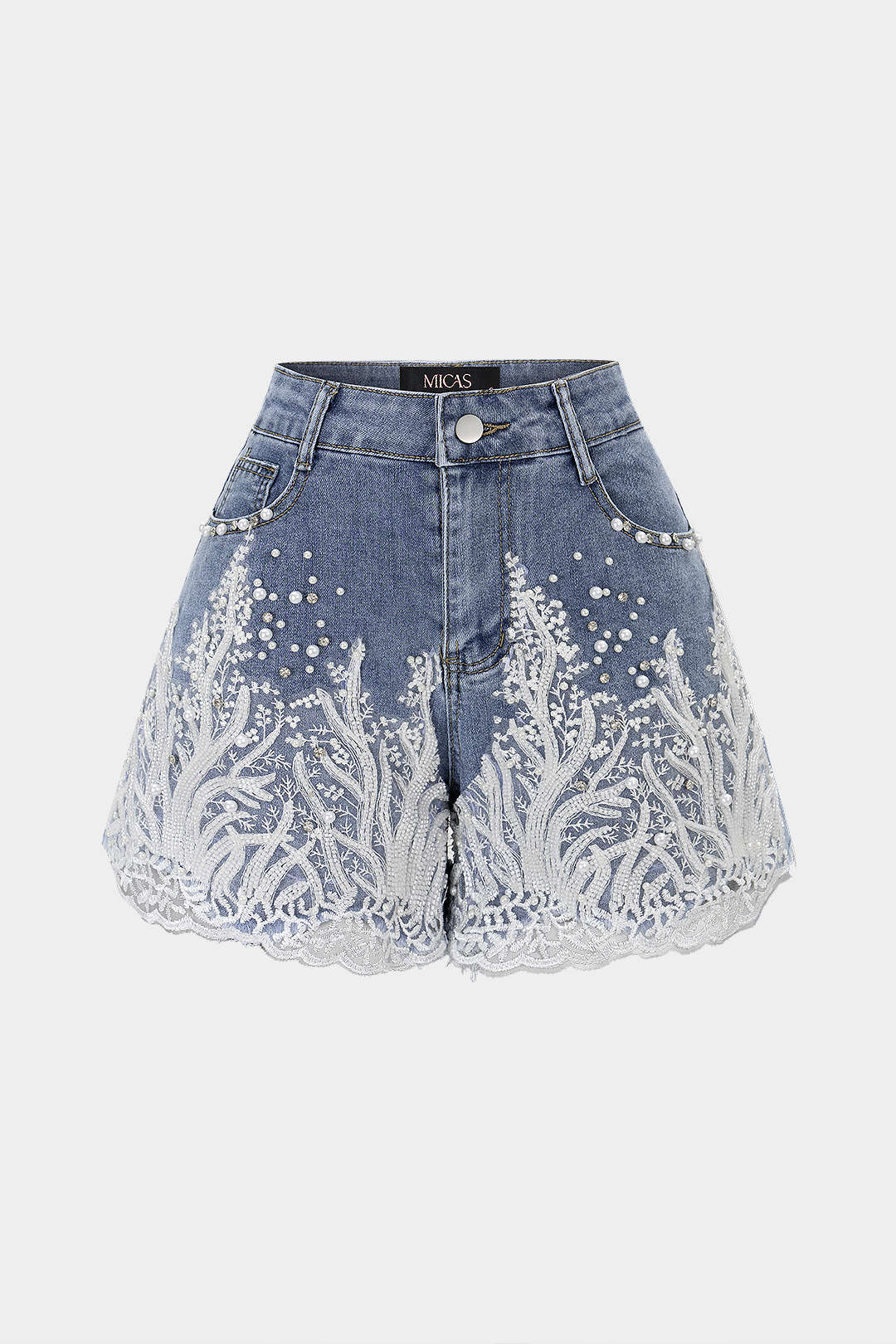Denim Patchwork Lace Trim Wide Leg Shorts