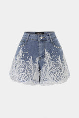 Denim Patchwork Lace Trim Wide Leg Shorts