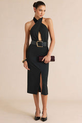 Crossed Halter Neck Belted Cut Out Sleeveless Midi Dress