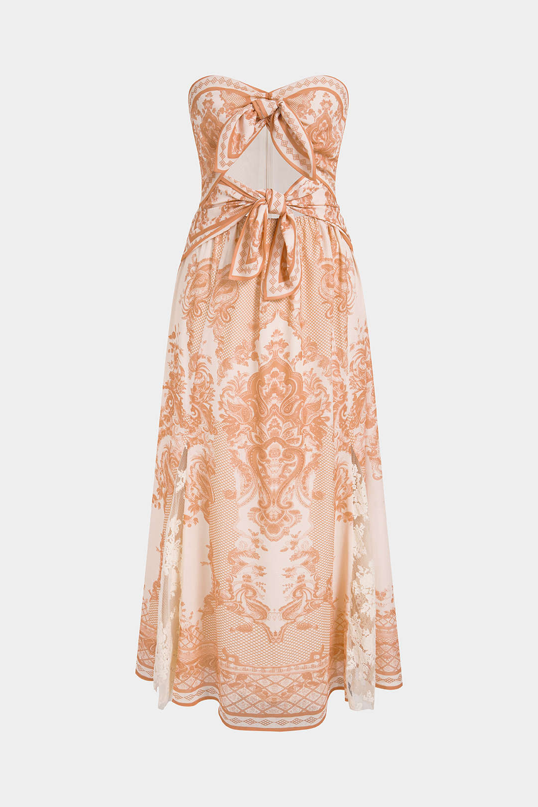 Bohemian Print Lace Patchwork Knotted Cut Out Strapless Midi Dress
