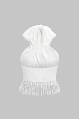 Crossed Halter Neck Fringe Hollow Out Backless Tank Top
