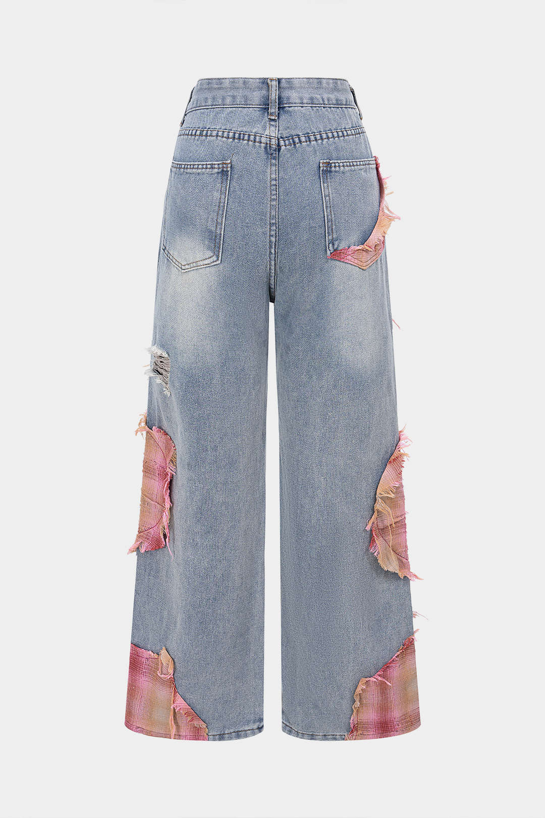 Denim Patchwork Plaid Print Asymmetrical Ripped Wide Leg Jeans