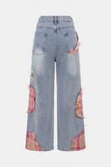 Denim Patchwork Plaid Print Asymmetrical Ripped Wide Leg Jeans