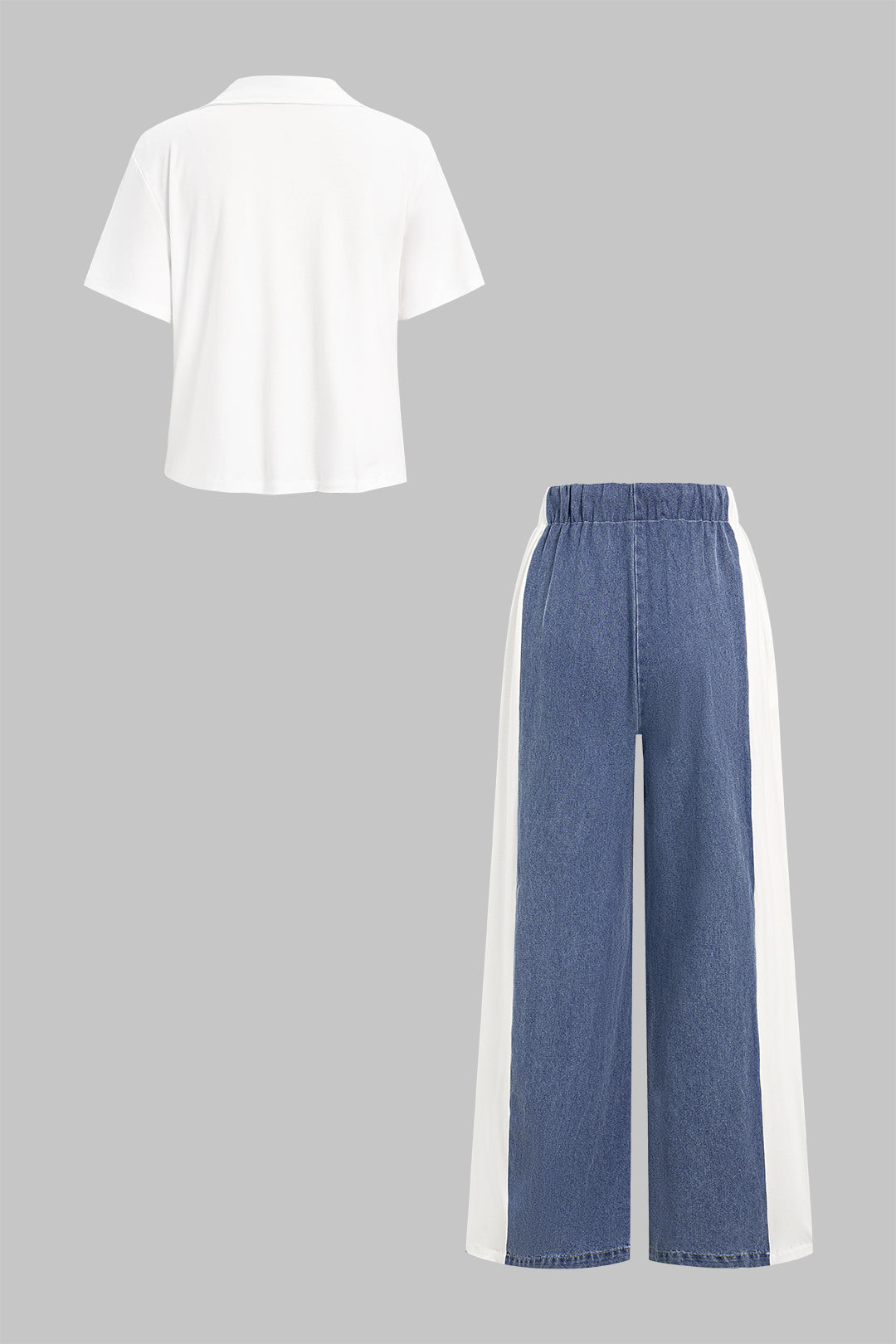 Denim Patchwork Lapel Short Sleeve Top And High Waist Wide Leg Jeans Set