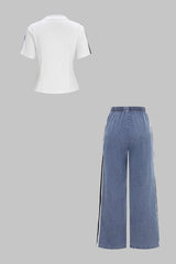 Denim Patchwork Mock Neck Zipper Short Sleeve Top And Drawstring Shirred Waistband Jeans Set