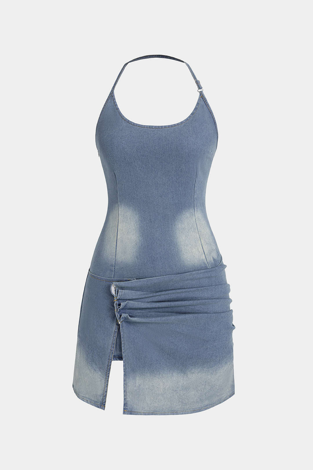 Denim Halter Round Neck Backless Ruched Slit Mini Dress