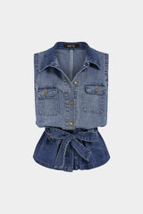 Denim Lapel Button Tie-Up Vest