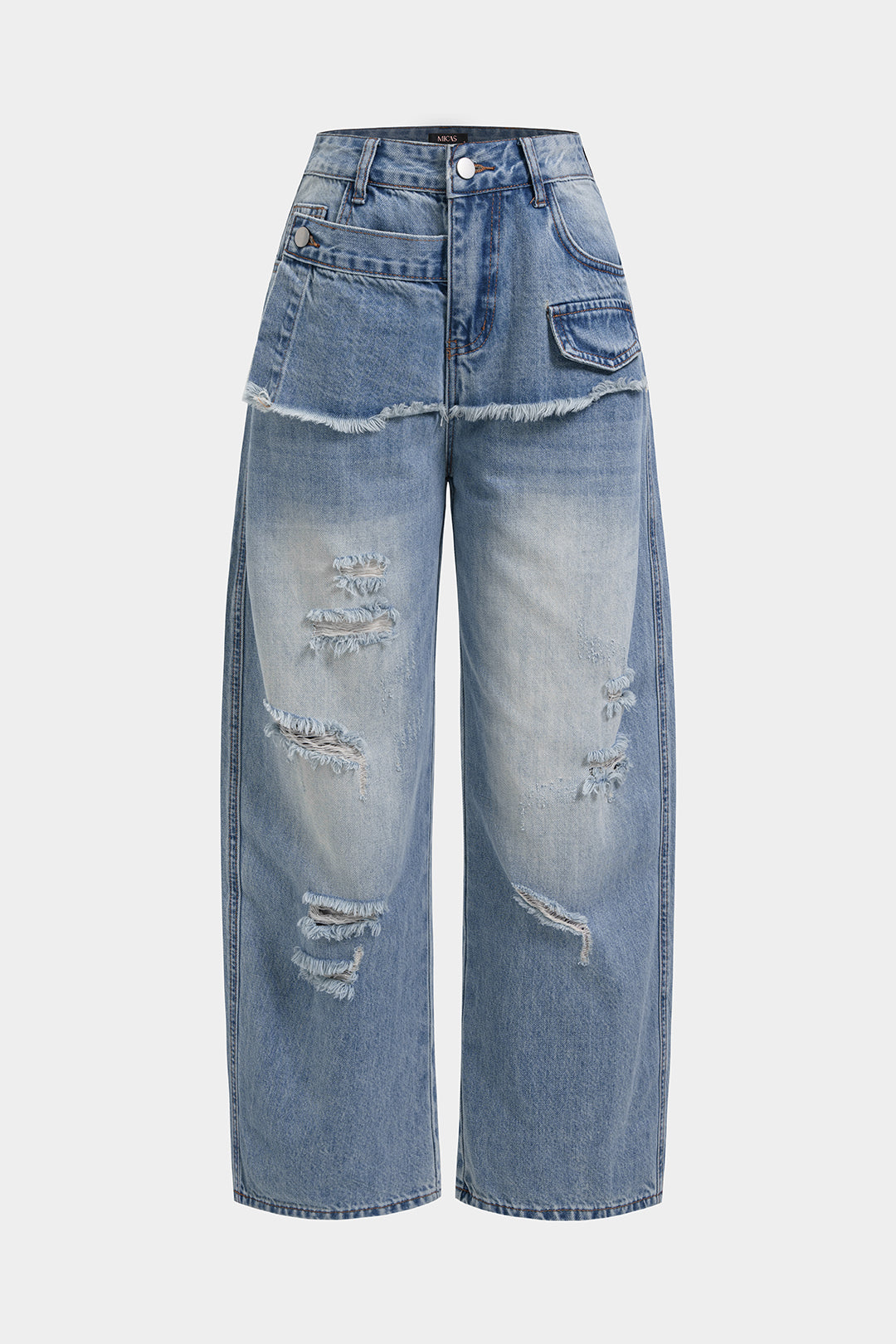 Denim Asymmetrical Frayed Ripped Wide Leg Jeans